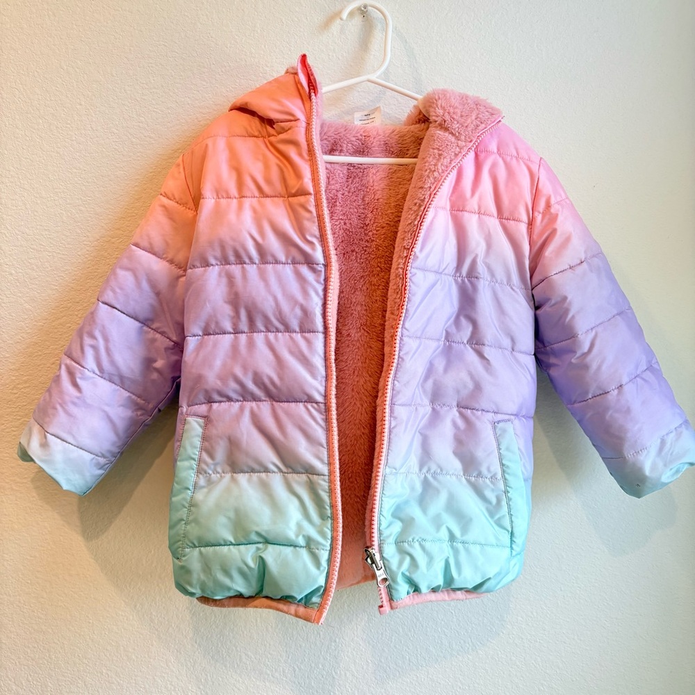 Wonder Nation Ombre Rainbow Puffer Jacket - Girls 4T - Faux Fur Lined